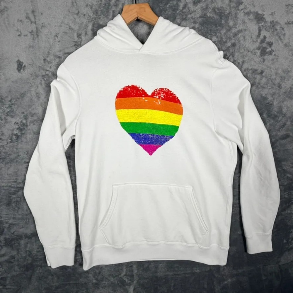 Abercrombie & Fitch Mens Hoodie M White Sequin‎ Rainbow Heart Pride Pullover